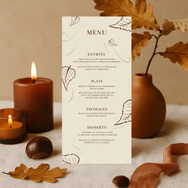 Menu de mariage fond beige crème avec feuilles chocolat et typographie centrée, design automnal raffiné.