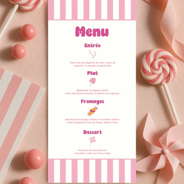 Menu vertical à rayures roses avec fond blanc et pictos sucrés, pour une table de mariage douce et festive.