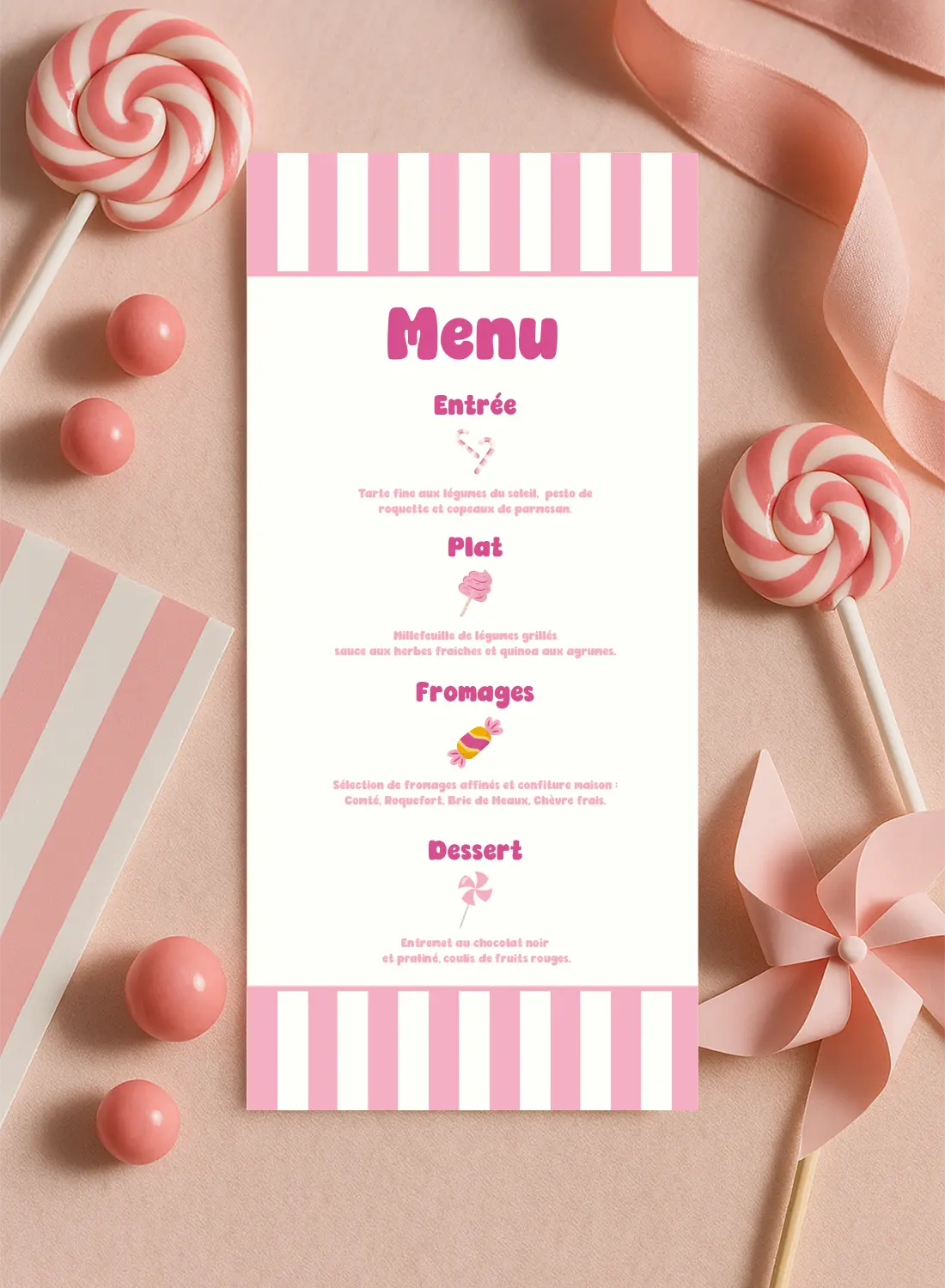 Menu vertical à rayures roses avec fond blanc et pictos sucrés, pour une table de mariage douce et festive.