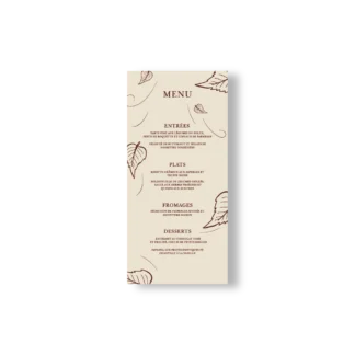 Menu de mariage fond beige crème avec feuilles chocolat et typographie centrée, design automnal raffiné.