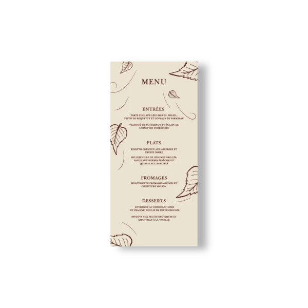 Menu de mariage fond beige crème avec feuilles chocolat et typographie centrée, design automnal raffiné.