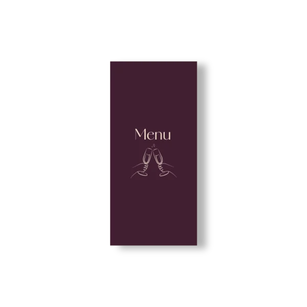 Menu de mariage Bordeaux recto verso avec illustrations festives – modèle Dolce Vita Vinho