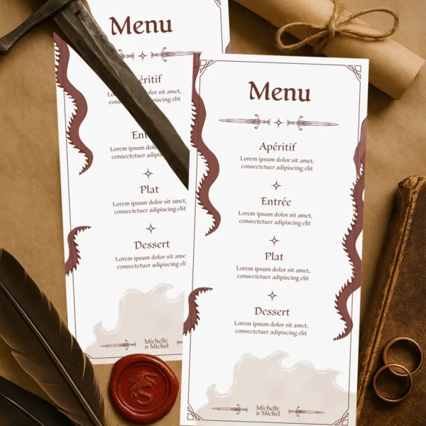 Menu de mariage fantasy avec dragons sur les côtés, épées décoratives, fond crème et style médiéval illustré.