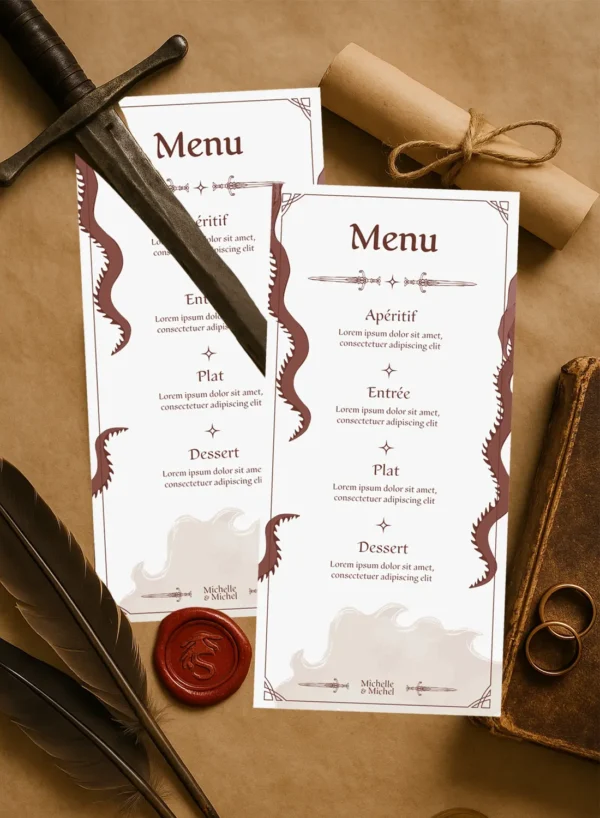 Menu de mariage fantasy avec dragons sur les côtés, épées décoratives, fond crème et style médiéval illustré.