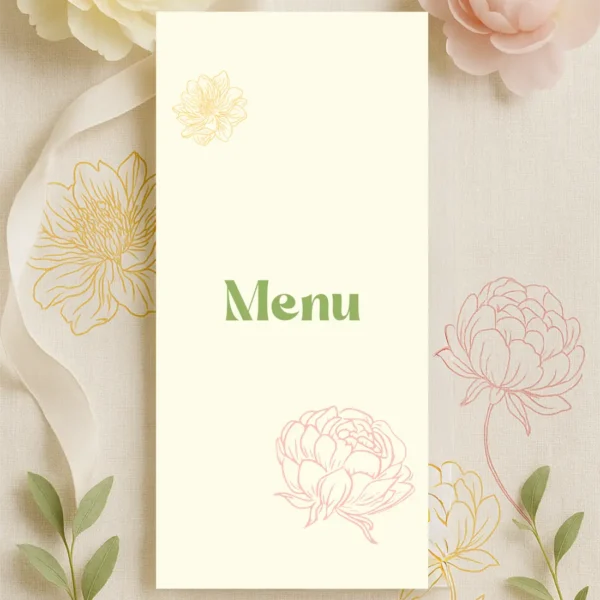 Carte Menu avec titre “Menu” encadré par les deux fleurs.