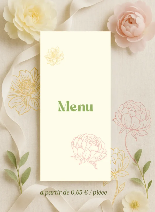 Carte Menu avec titre “Menu” encadré par les deux fleurs.
