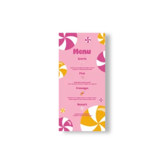 Menu rose vertical décoré de sucettes, avec typographie ronde et détails du repas