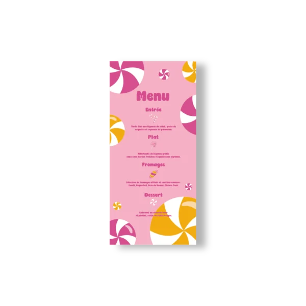 Menu rose vertical décoré de sucettes, avec typographie ronde et détails du repas