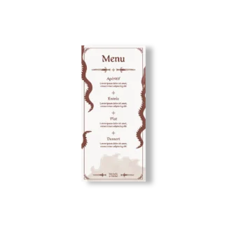 Menu de mariage fantasy avec dragons sur les côtés, épées décoratives, fond crème et style médiéval illustré.