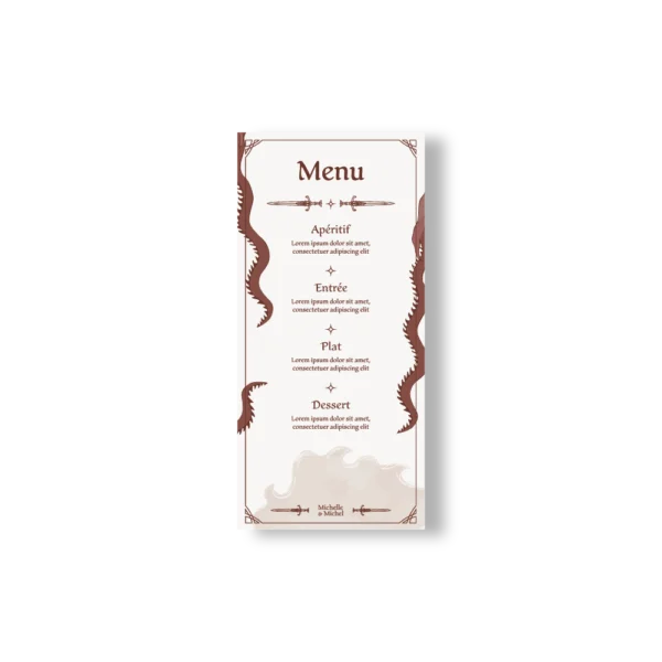 Menu de mariage fantasy avec dragons sur les côtés, épées décoratives, fond crème et style médiéval illustré.