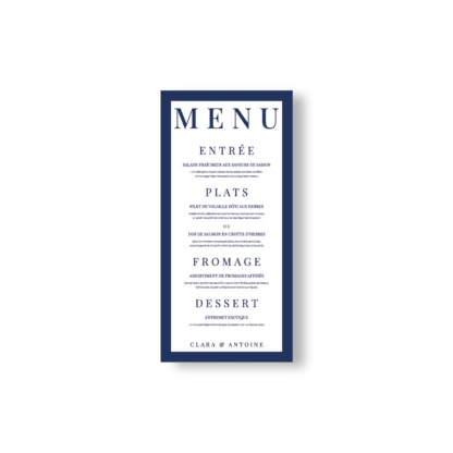 Menu mariage bleu roi élégant – Collection Inspiration Louis XIV