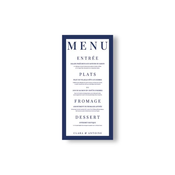 Menu mariage bleu roi élégant – Collection Inspiration Louis XIV