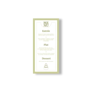 Menu de mariage vertical vert olive avec entrée, plat et dessert, au style minimaliste élégant assorti à la papeterie.