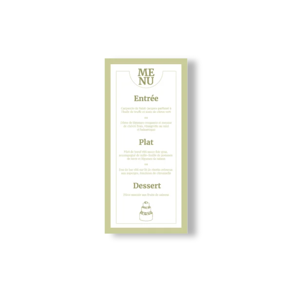 Menu de mariage vertical vert olive avec entrée, plat et dessert, au style minimaliste élégant assorti à la papeterie.