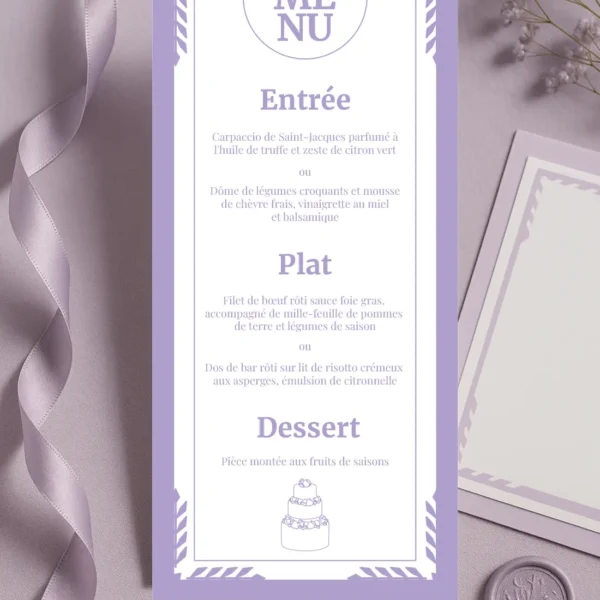 Menu de mariage lilas et blanc au format vertical, avec encadrement graphique, texte centré et illustration de pièce montée en bas.