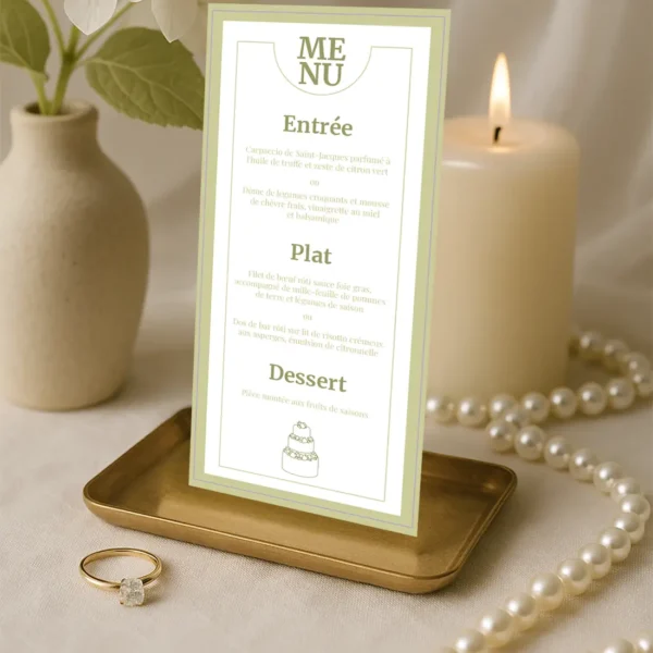 Menu de mariage vertical vert olive avec entrée, plat et dessert, au style minimaliste élégant assorti à la papeterie.