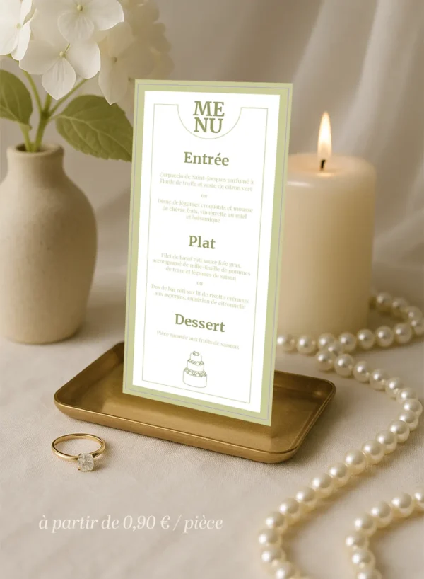 Menu de mariage vertical vert olive avec entrée, plat et dessert, au style minimaliste élégant assorti à la papeterie.