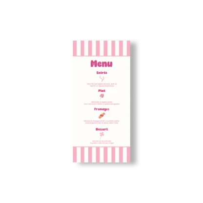 Menu vertical à rayures roses avec fond blanc et pictos sucrés, pour une table de mariage douce et festive.