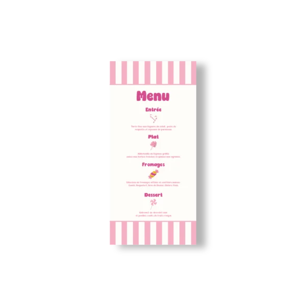 Menu vertical à rayures roses avec fond blanc et pictos sucrés, pour une table de mariage douce et festive.