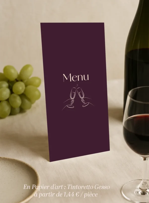 Menu de mariage Bordeaux recto verso avec illustrations festives – modèle Dolce Vita Vinho