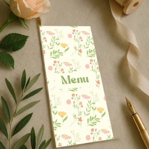 Un menu au décor fleuri complet dans les tons verts, roses et jaunes.