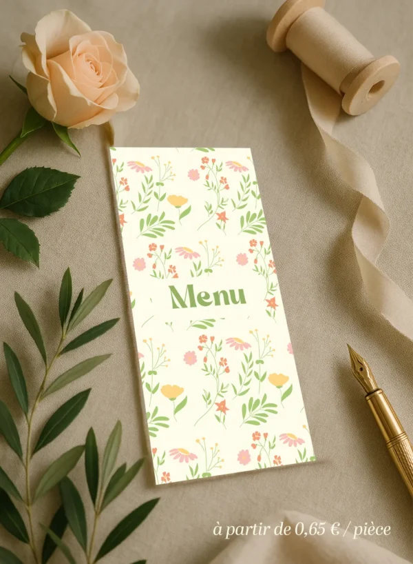 Un menu au décor fleuri complet dans les tons verts, roses et jaunes.