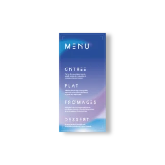 Menu de mariage vertical bleu ciel avec typographie futuriste blanche, fond dégradé spatial et sections repas bien hiérarchisées.