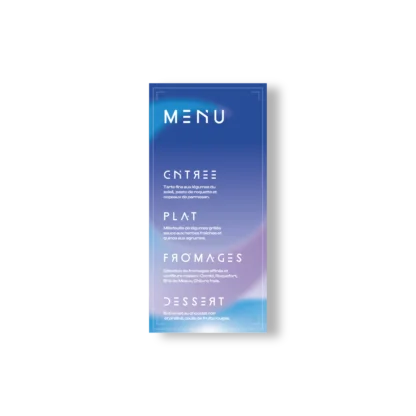 Menu de mariage vertical bleu ciel avec typographie futuriste blanche, fond dégradé spatial et sections repas bien hiérarchisées.
