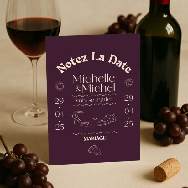 Carte “Notez la Date” mariage Bordeaux avec illustrations festives – modèle Dolce Vita Vinho