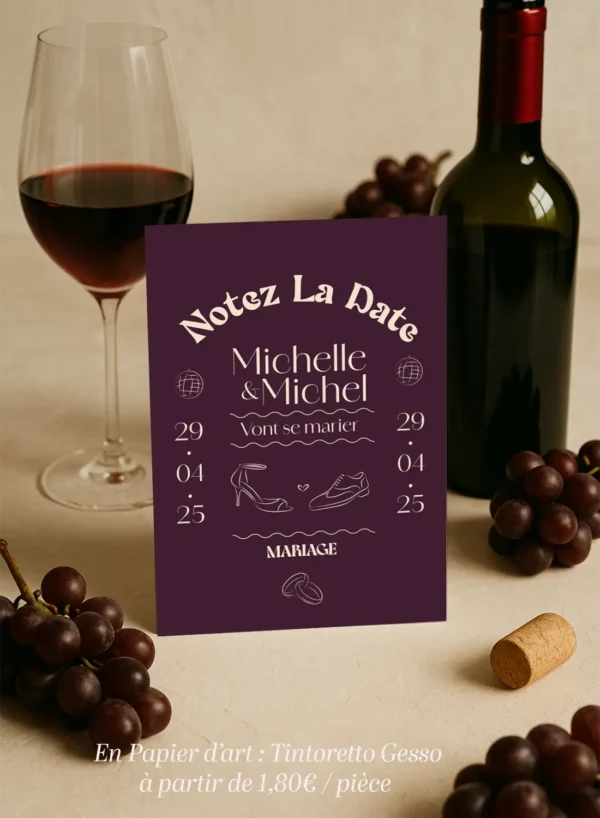 Carte “Notez la Date” mariage Bordeaux avec illustrations festives – modèle Dolce Vita Vinho
