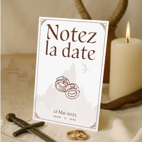 Un Notez la date fantasy avec montagnes, anneaux et oiseau, dans un style médiéval épuré aux détails décoratifs.