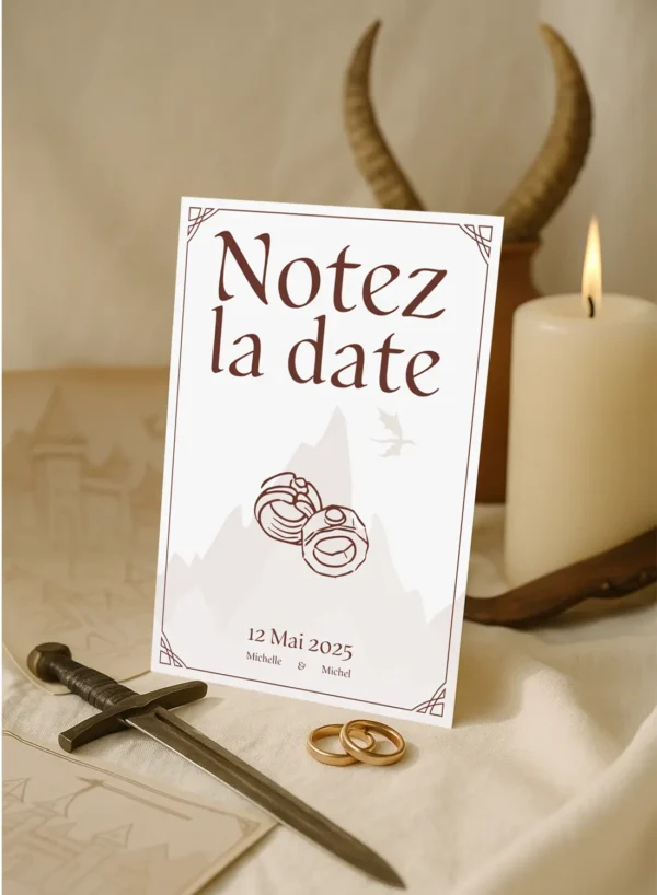 Un Notez la date fantasy avec montagnes, anneaux et oiseau, dans un style médiéval épuré aux détails décoratifs.