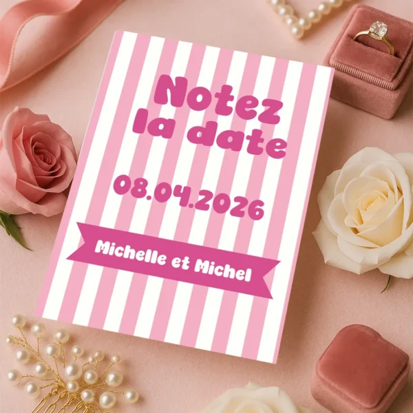 Carte “Notez la date” à rayures roses avec date centrale et ruban fuchsia en bas.