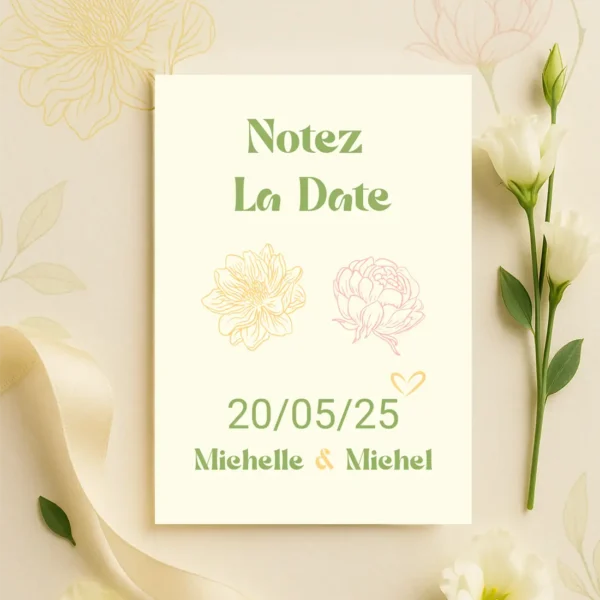 Carte “Notez la Date” verticale avec fleurs jaune et rose, typographie ronde et date centrée en vert, ambiance douce et champêtre.