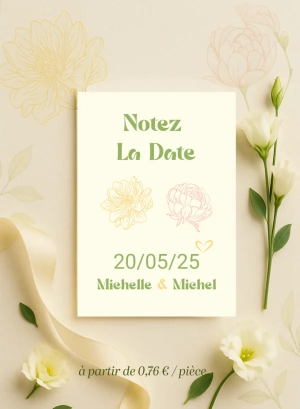 Carte “Notez la Date” verticale avec fleurs jaune et rose, typographie ronde et date centrée en vert, ambiance douce et champêtre.