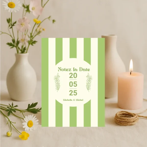 Carte "Notez la Date" rayée verte avec date centrale et éléments floraux, issue de la Collection Printemps de papeterie de mariage.