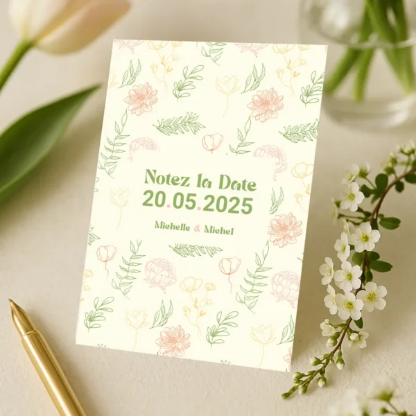 Carte “Notez la Date” de mariage avec motifs floraux en rose, jaune et vert, sur fond crème, texte vert au centre avec la date.