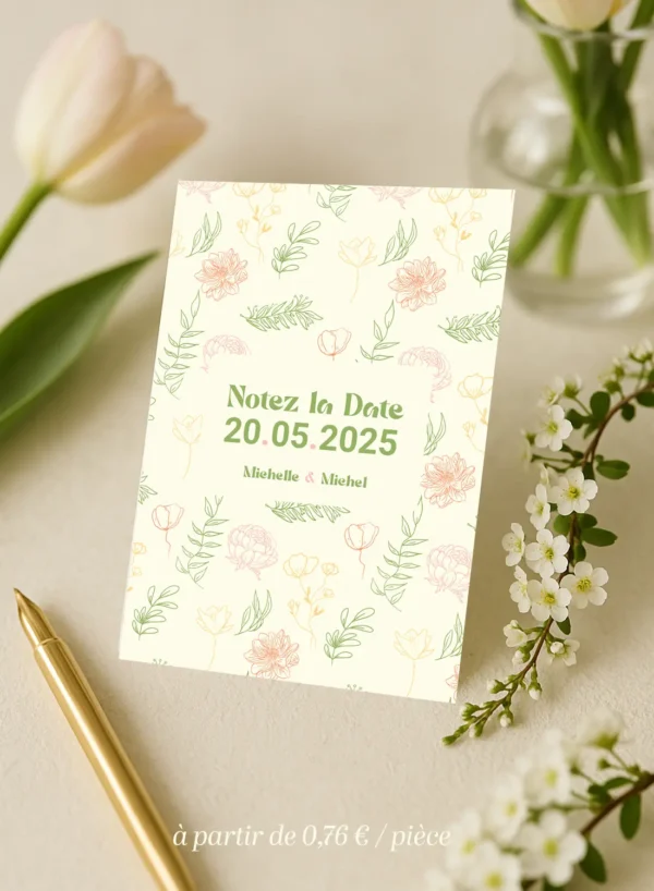 Carte “Notez la Date” de mariage avec motifs floraux en rose, jaune et vert, sur fond crème, texte vert au centre avec la date.