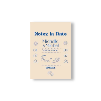 Carte "Notez la Date" Dolce Vita avec objets festifs : chaussures, alliances, gâteau, flûte et boule disco sur fond beige.