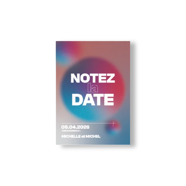 Carte Notez la Date mariage, fond flou bleu rose violet, typographie blanche et violette, design moderne et date bien lisible
