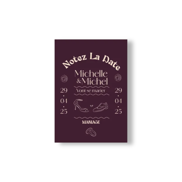 Carte “Notez la Date” mariage Bordeaux avec illustrations festives – modèle Dolce Vita Vinho
