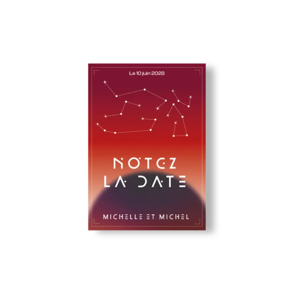 Carte “Notez la Date” rouge saturne avec prénoms et date centrés en blanc. Design galactique intense.
