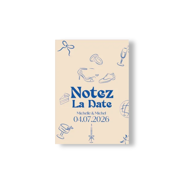 Carte "Notez la Date" Dolce Vita avec chaussures, boules disco, alliances et date sur fond beige festif.