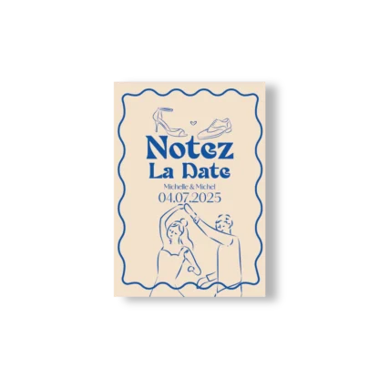 Carte "Notez la Date" Dolce Vita avec dessin d’un couple qui danse, chaussures en haut, fond beige et bleu festif.