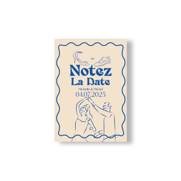 Carte "Notez la Date" Dolce Vita avec dessin d’un couple qui danse, chaussures en haut, fond beige et bleu festif.