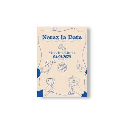 Carte "Notez la Date" Dolce Vita illustrée avec verres, alliances et boule disco, dans un style festif bleu et beige.