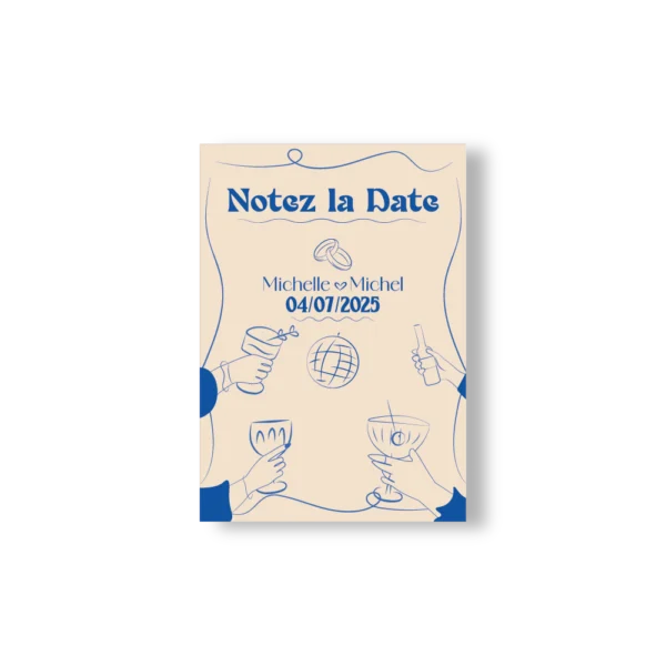 Carte "Notez la Date" Dolce Vita illustrée avec verres, alliances et boule disco, dans un style festif bleu et beige.