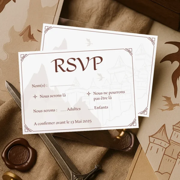 Carte RSVP mariage style médiéval avec cases à cocher, fond château et montagnes, typographie fantasy et coins décorés.