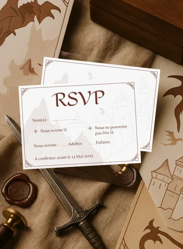 Carte RSVP mariage style médiéval avec cases à cocher, fond château et montagnes, typographie fantasy et coins décorés.