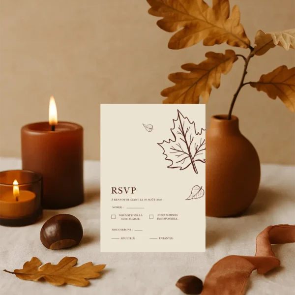 Carte RSVP de mariage beige avec illustrations de feuilles automnales chocolat et cases à cocher pour réponse, style naturel et élégant.